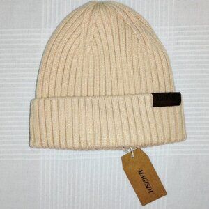 Beanie Winter Hat Merino Wool Short Skull Cap Double Layer Fleece Lined Cream